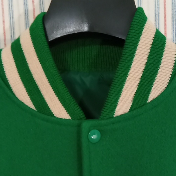 Green Wool And White Leather Letterman's Jacket - Picture 3 of 13